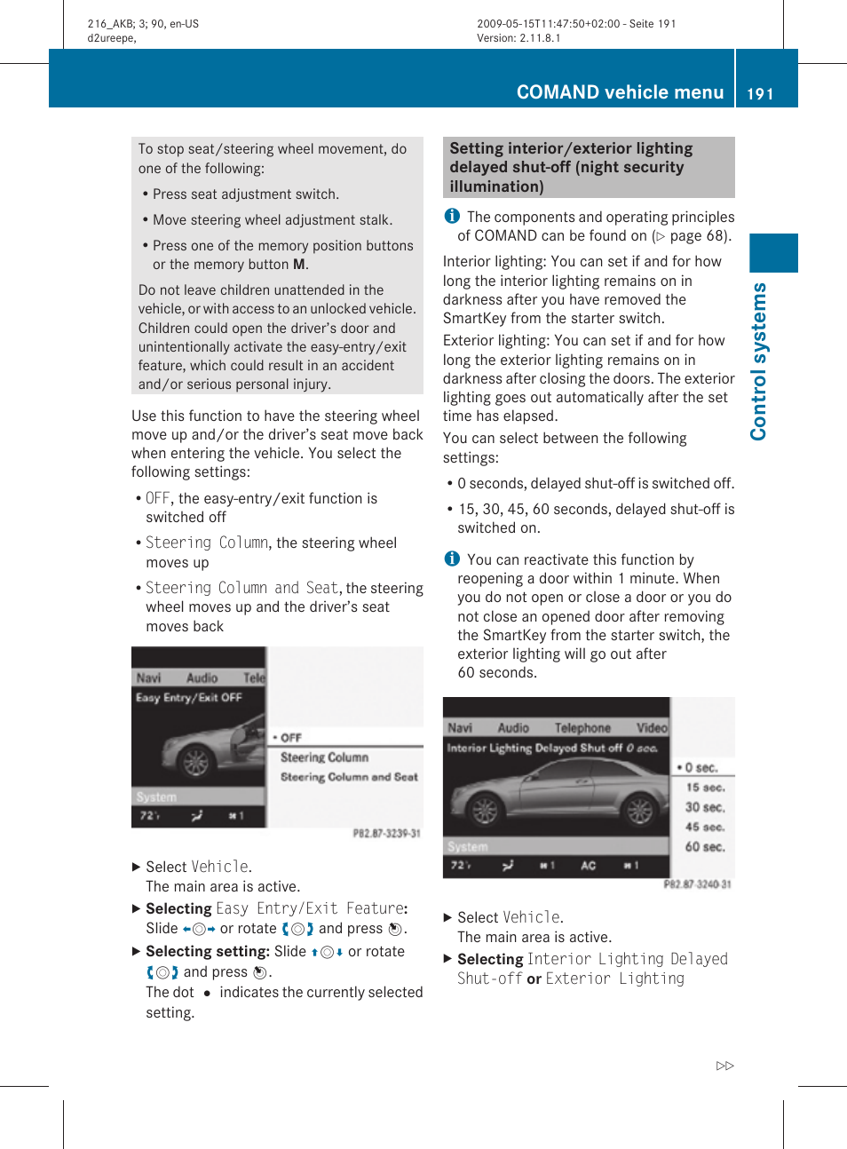 Control systems, Comand vehicle menu | Mercedes-Benz 2010 CL Class User Manual | Page 193 / 500