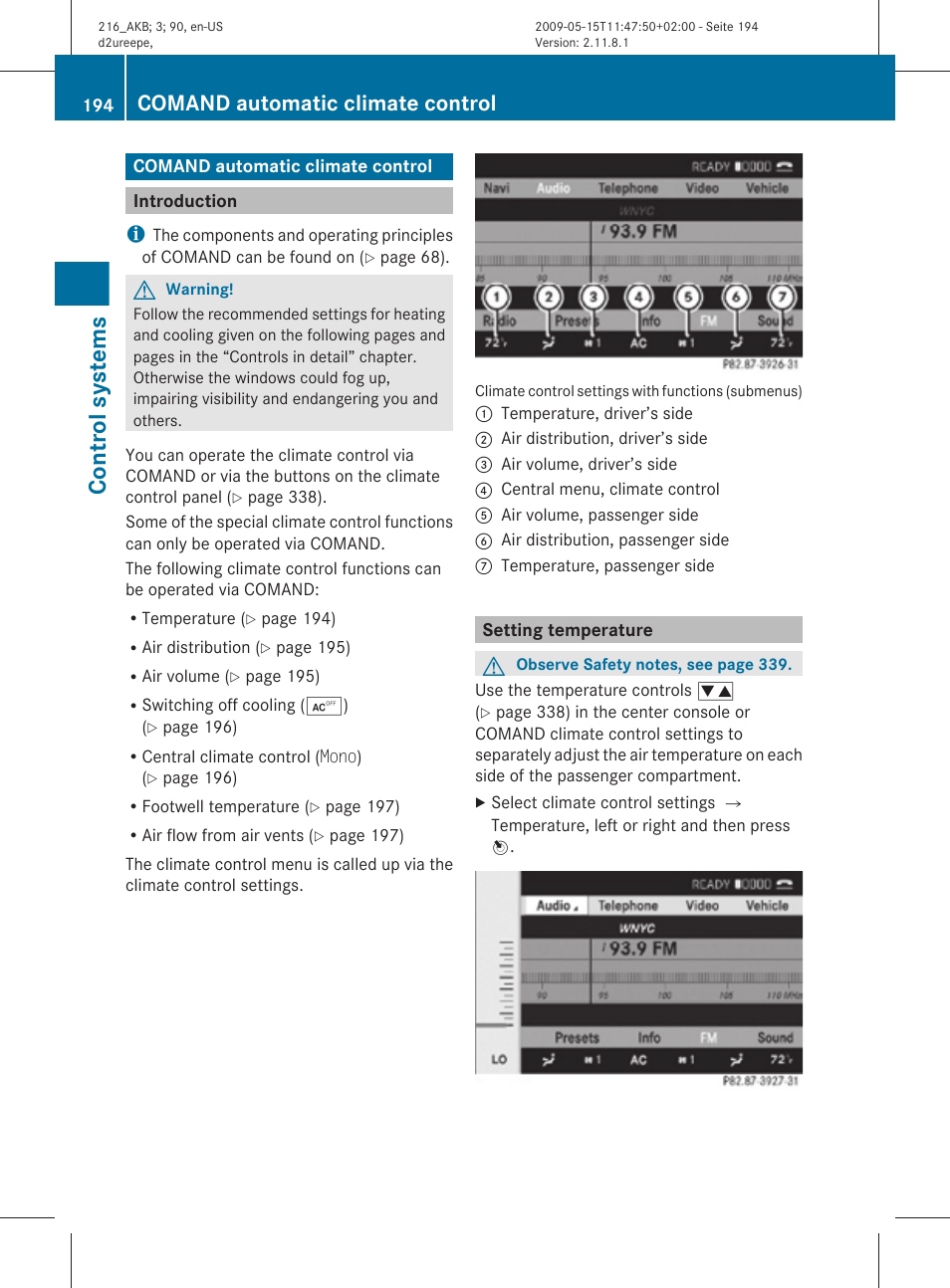 Comand automatic climate control, Introduction, Setting temperature | Control systems | Mercedes-Benz 2010 CL Class User Manual | Page 196 / 500