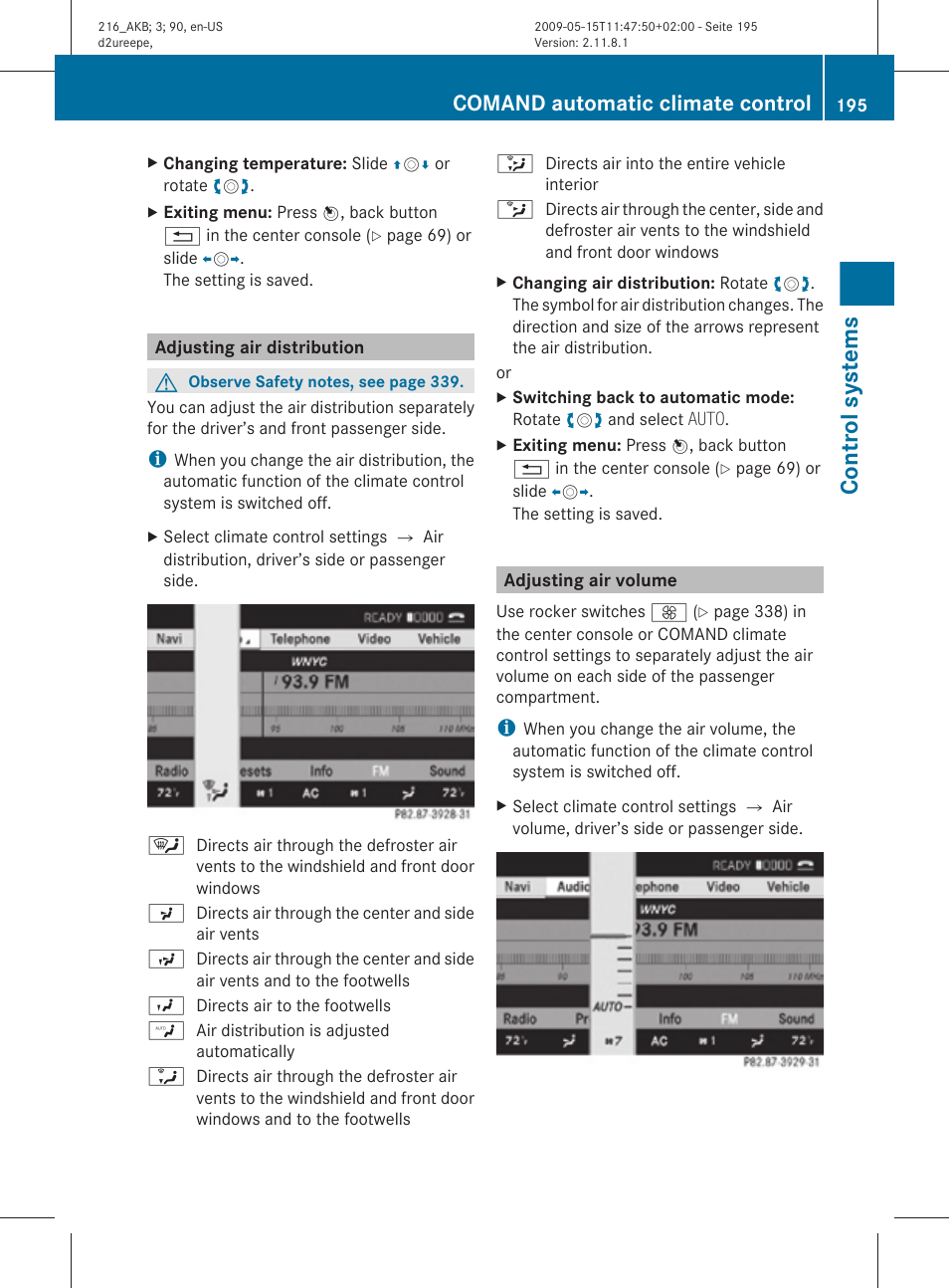 Adjusting air distribution, Adjusting air volume, Air distribution | Air volume, Control systems, Comand automatic climate control | Mercedes-Benz 2010 CL Class User Manual | Page 197 / 500