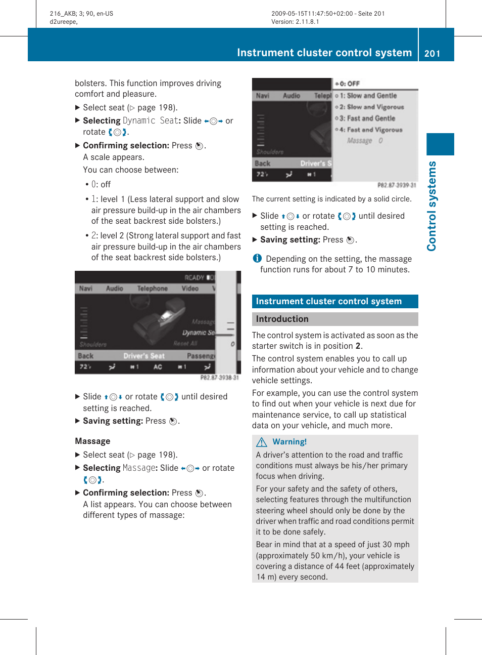 Instrument cluster control system, Introduction, Section | Control systems | Mercedes-Benz 2010 CL Class User Manual | Page 203 / 500