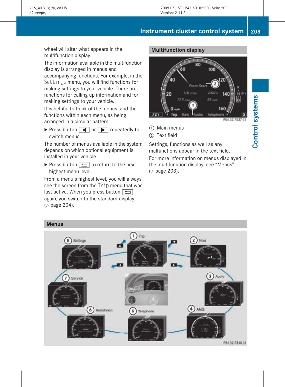 Multifunction display, Menus, Control systems | Instrument cluster control system | Mercedes-Benz 2010 CL Class User Manual | Page 205 / 500