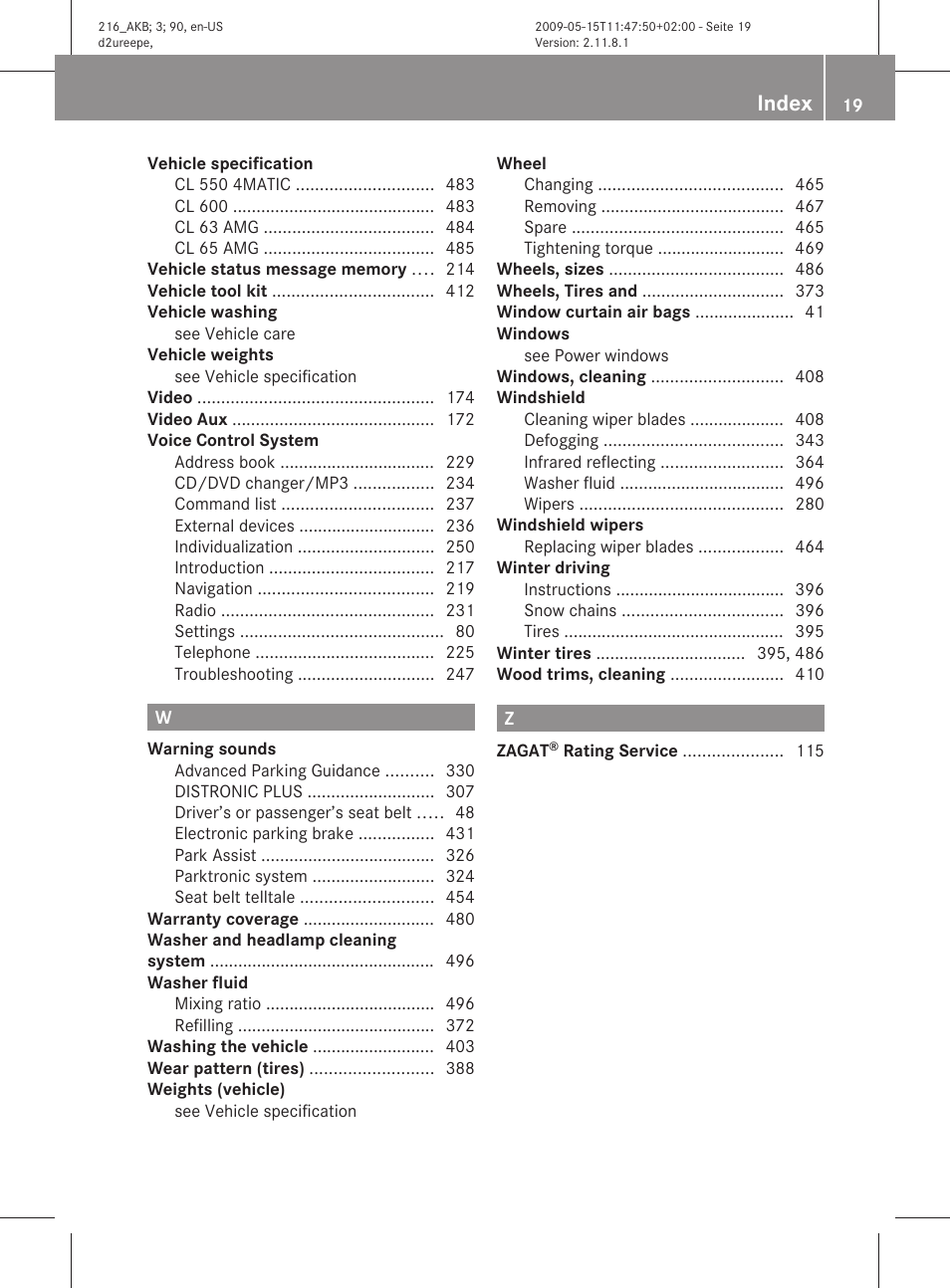 Index | Mercedes-Benz 2010 CL Class User Manual | Page 21 / 500