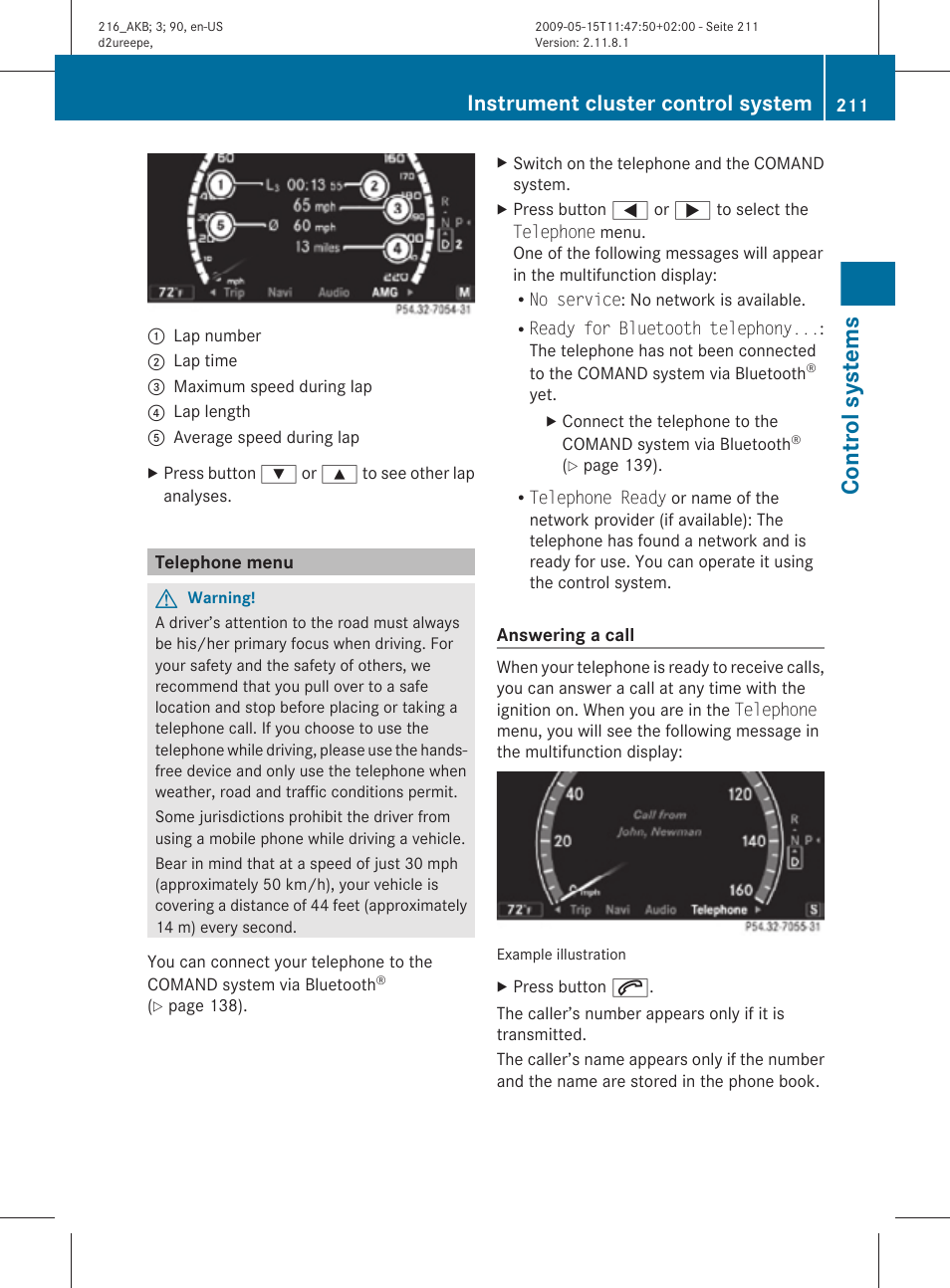 Telephone menu, System, Menu | Control systems, Instrument cluster control system | Mercedes-Benz 2010 CL Class User Manual | Page 213 / 500