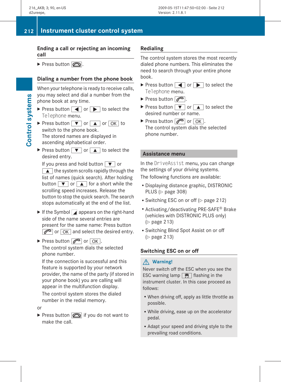 Assistance menu, Via the control system, Menu | Control systems, Instrument cluster control system | Mercedes-Benz 2010 CL Class User Manual | Page 214 / 500