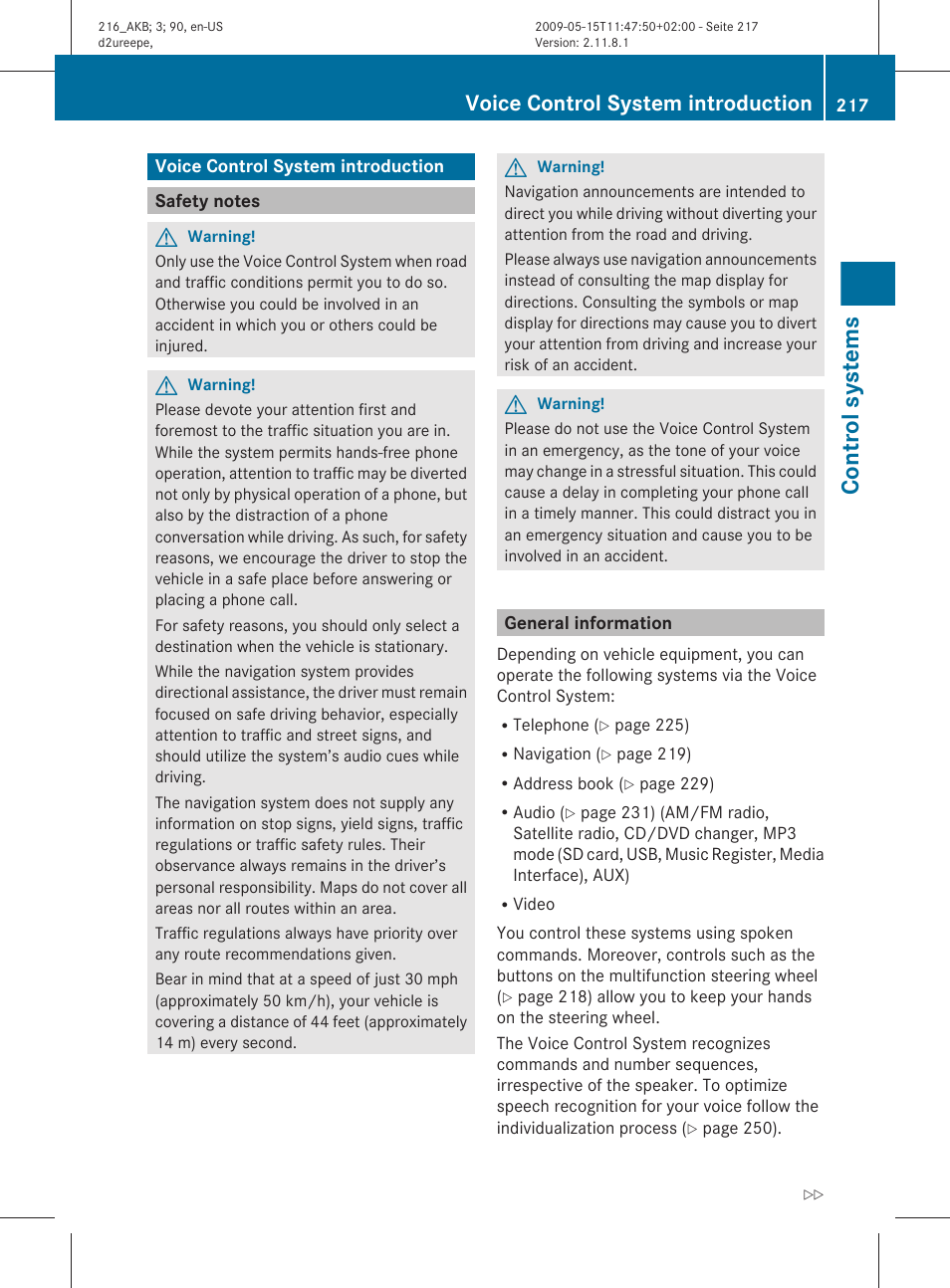 Voice control system introduction, Safety notes, General information | The voice control system, System, Name from the phone book, Control system, Control systems | Mercedes-Benz 2010 CL Class User Manual | Page 219 / 500