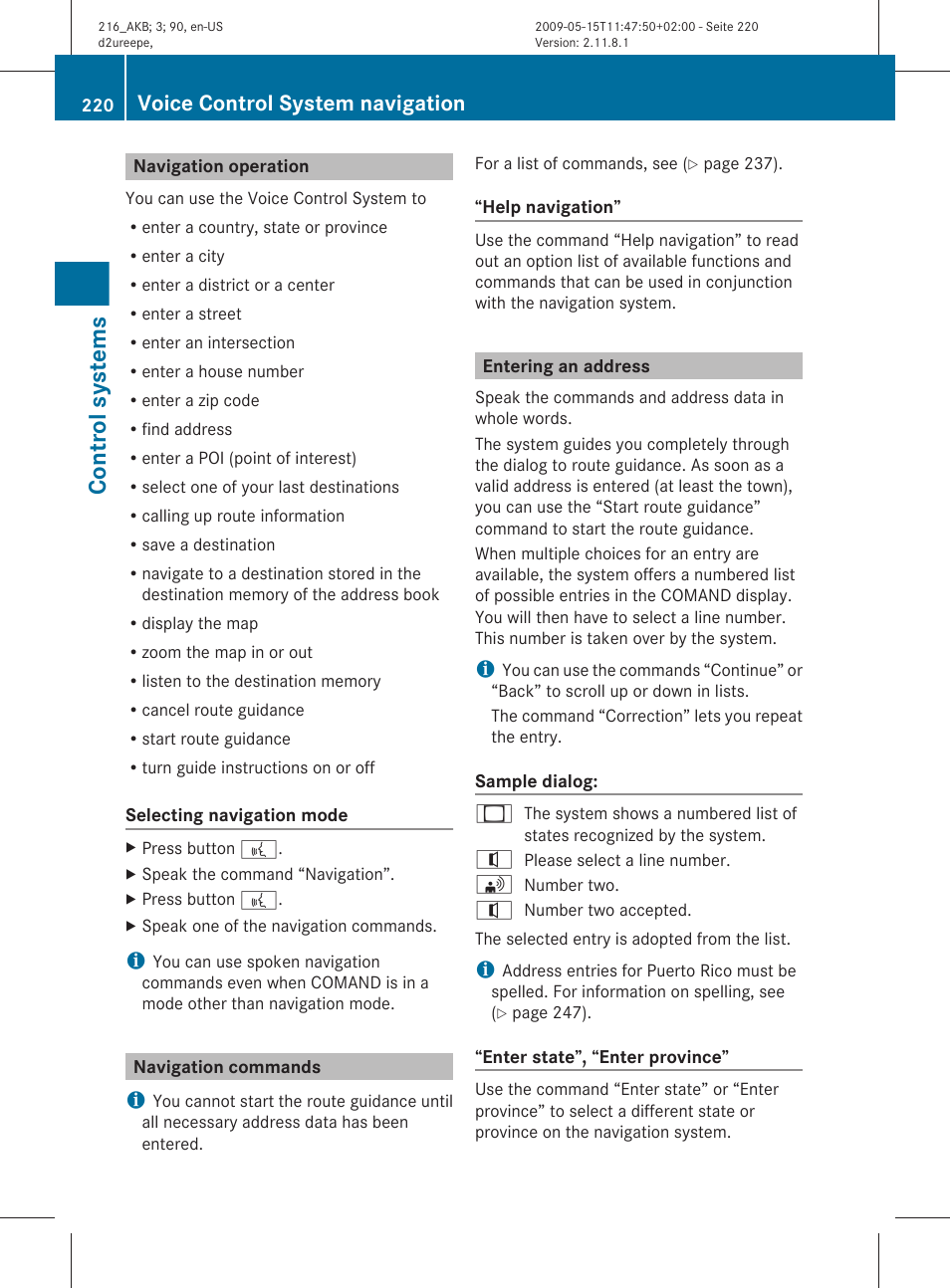 Navigation operation, Navigation commands, Entering an address | Control systems, Voice control system navigation | Mercedes-Benz 2010 CL Class User Manual | Page 222 / 500