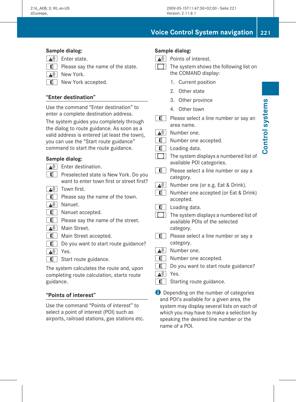 Control systems, Voice control system navigation | Mercedes-Benz 2010 CL Class User Manual | Page 223 / 500