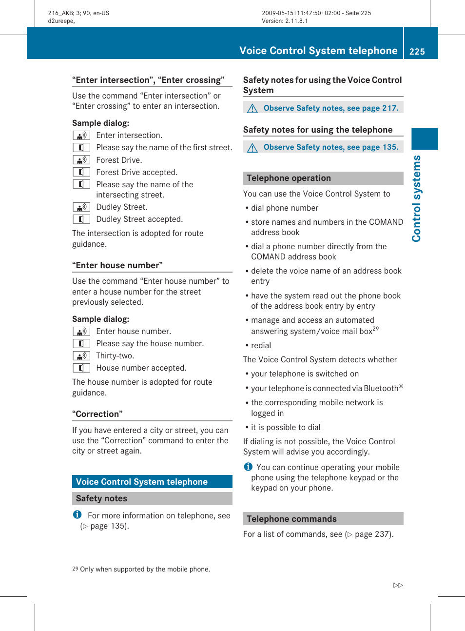 Voice control system telephone, Safety notes, Telephone operation | Telephone commands, Telephone, Control systems | Mercedes-Benz 2010 CL Class User Manual | Page 227 / 500