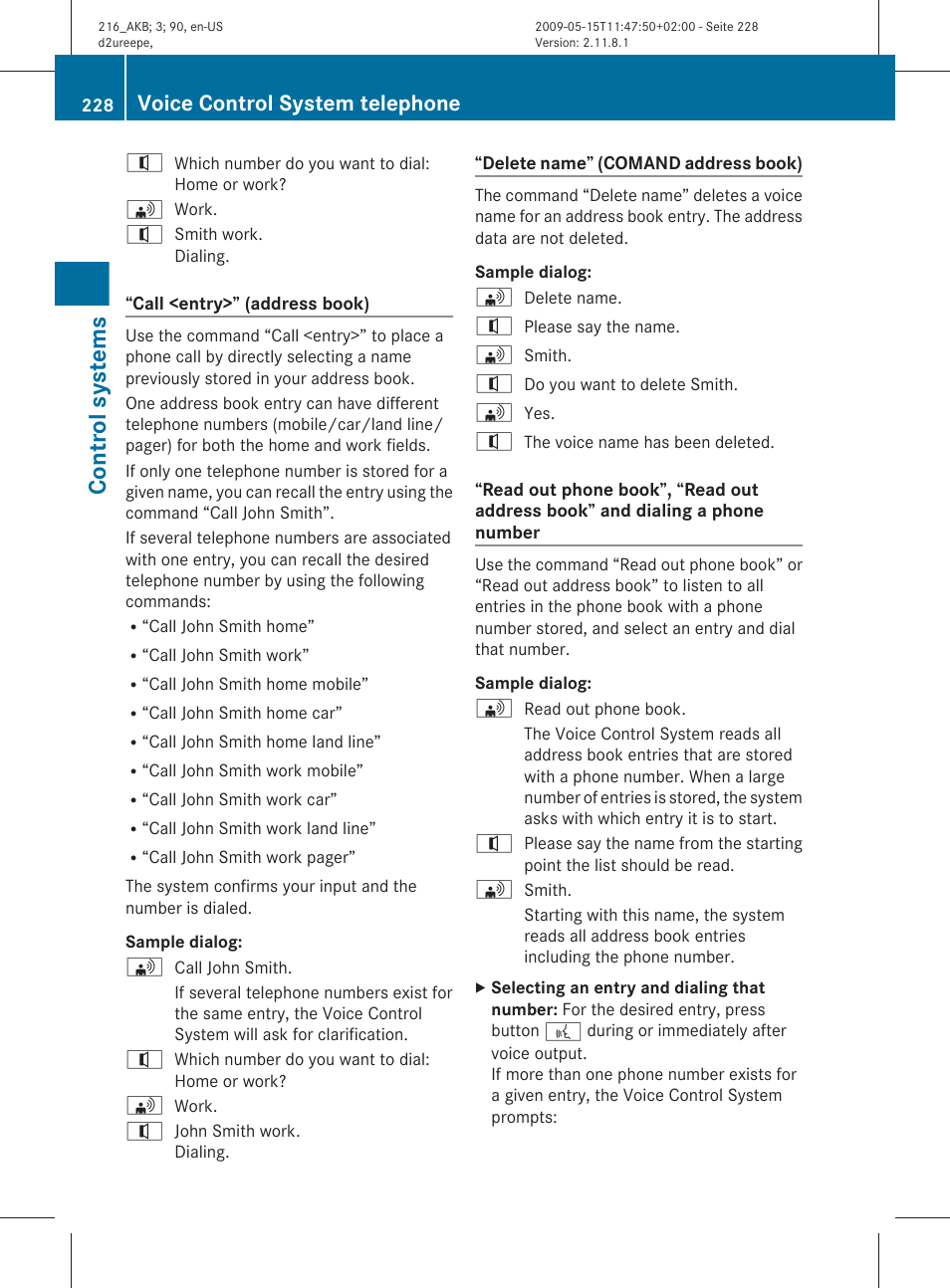 Control systems, Voice control system telephone | Mercedes-Benz 2010 CL Class User Manual | Page 230 / 500