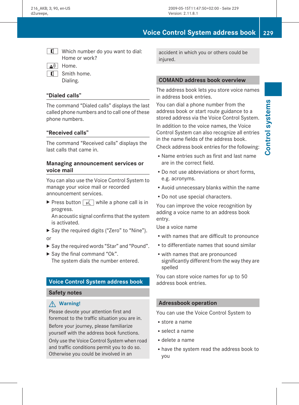 Voice control system address book, Safety notes, Comand address book overview | Adressbook operation, Address book, Control systems | Mercedes-Benz 2010 CL Class User Manual | Page 231 / 500