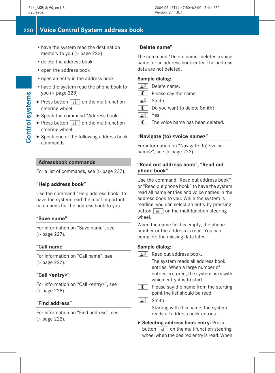 Adressbook commands, Control systems, Voice control system address book | Mercedes-Benz 2010 CL Class User Manual | Page 232 / 500