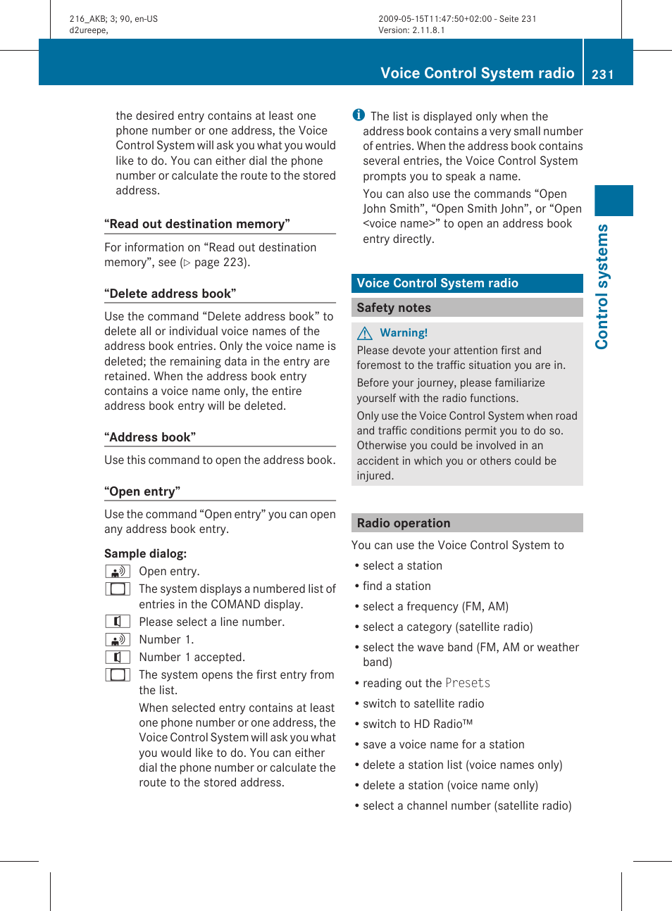 Voice control system radio, Safety notes, Radio operation | Audio, Control systems | Mercedes-Benz 2010 CL Class User Manual | Page 233 / 500