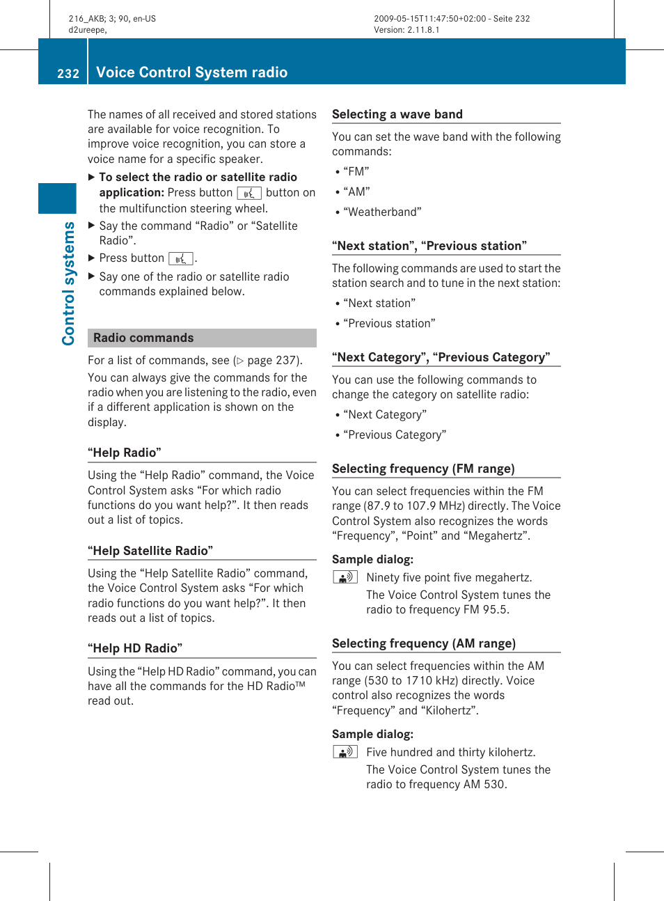 Radio commands, Control systems, Voice control system radio | Mercedes-Benz 2010 CL Class User Manual | Page 234 / 500