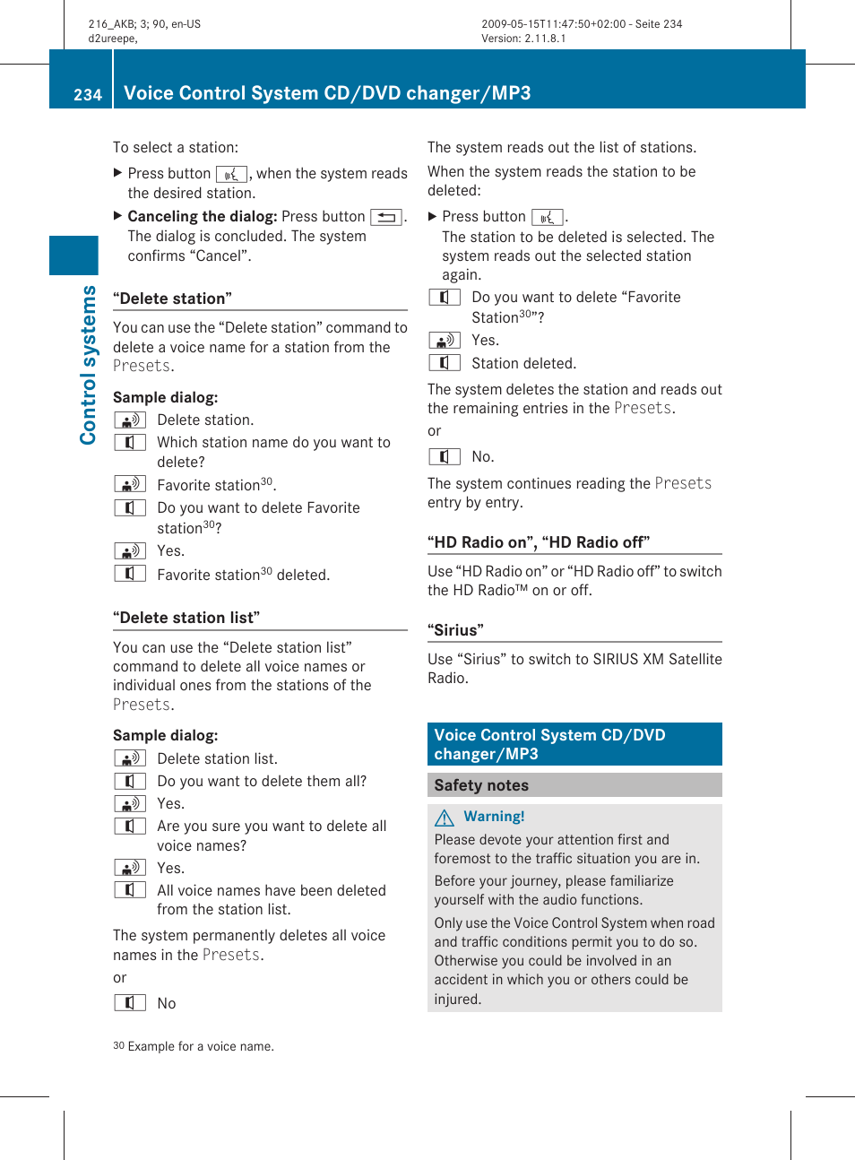 Voice control system cd/dvd changer/mp3, Safety notes, Control systems | Mercedes-Benz 2010 CL Class User Manual | Page 236 / 500