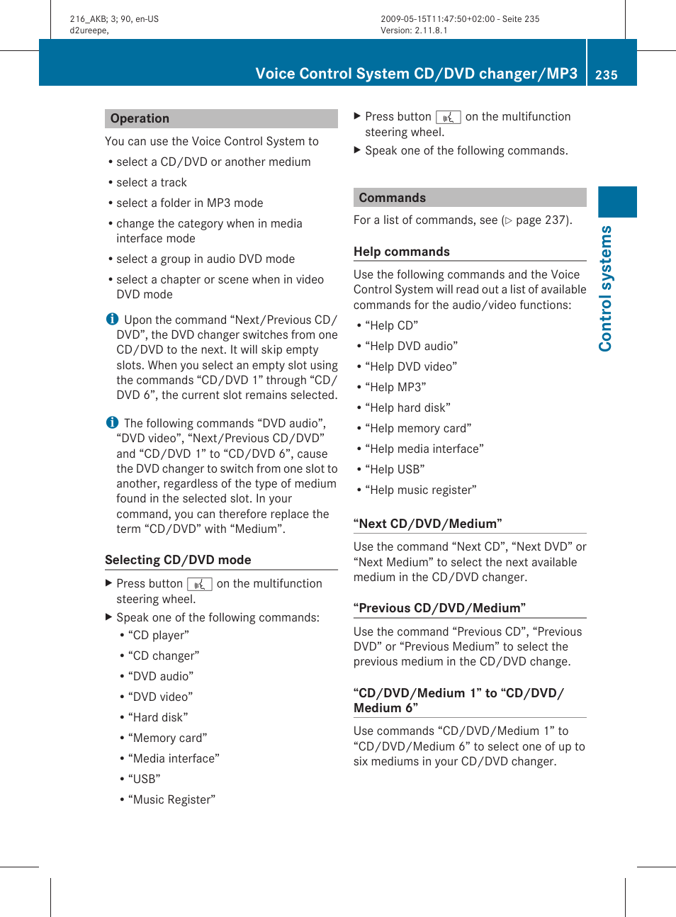 Operation, Commands, Control systems | Voice control system cd/dvd changer/mp3 | Mercedes-Benz 2010 CL Class User Manual | Page 237 / 500