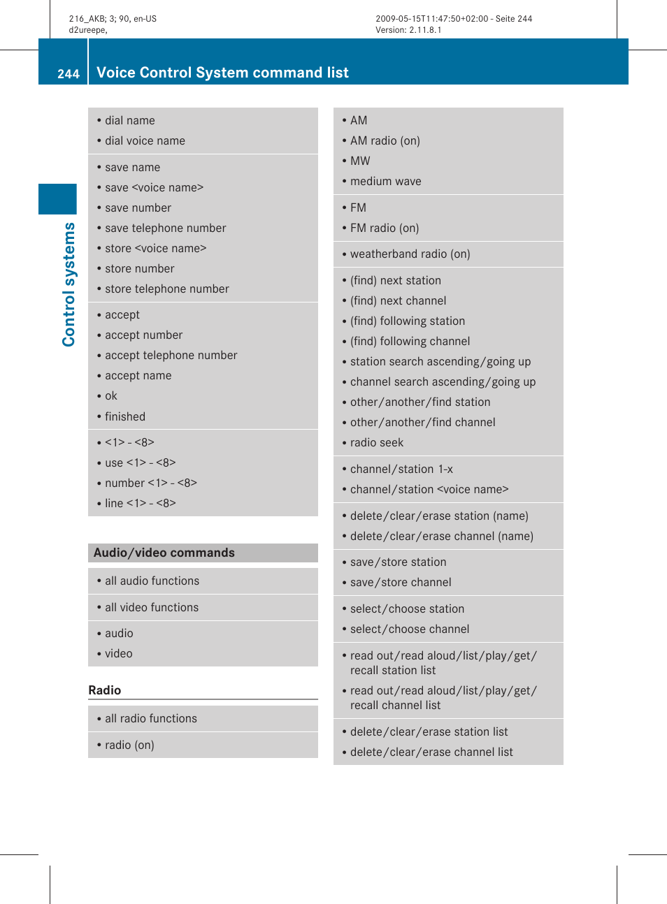 Audio/video commands, Control systems, Voice control system command list | Mercedes-Benz 2010 CL Class User Manual | Page 246 / 500