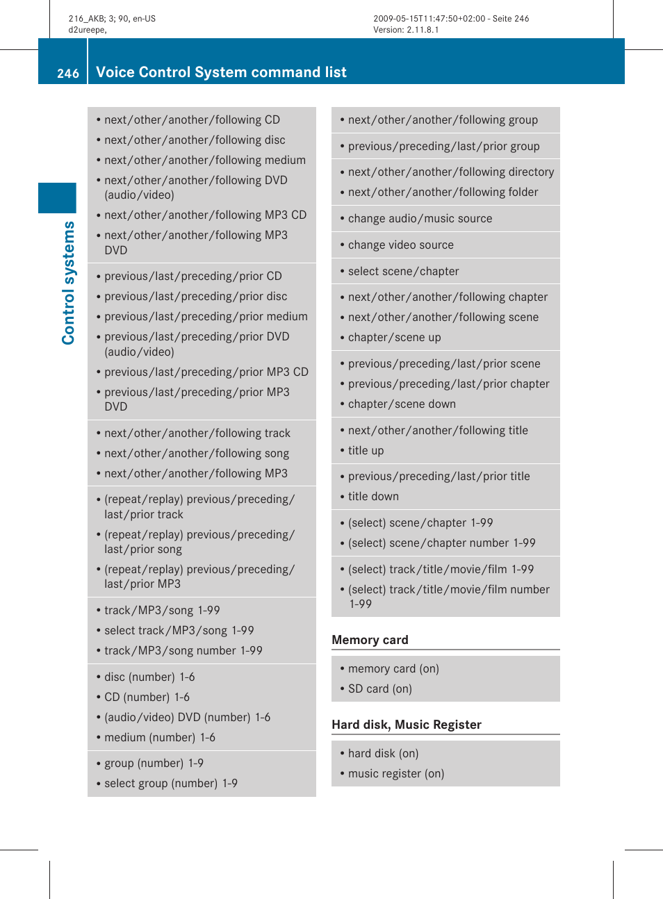 Control systems, Voice control system command list | Mercedes-Benz 2010 CL Class User Manual | Page 248 / 500