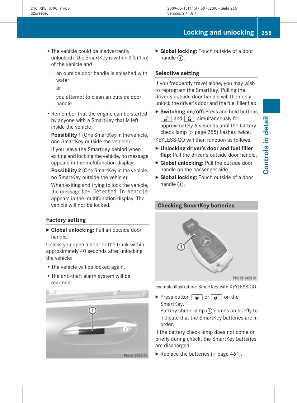 Checking smartkey batteries, Controls in detail, Locking and unlocking | Mercedes-Benz 2010 CL Class User Manual | Page 257 / 500