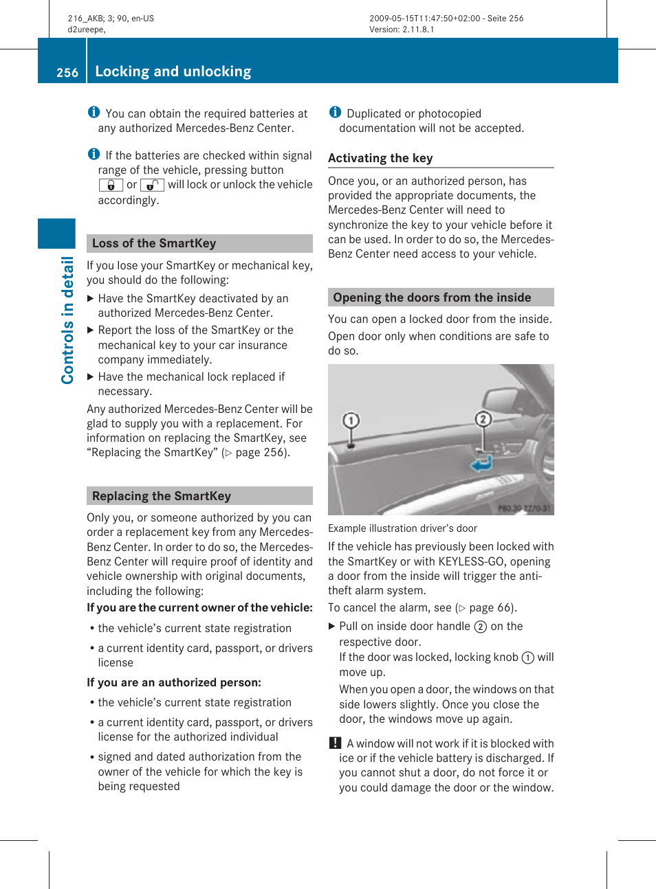 Loss of the smartkey, Replacing the smartkey, Opening the doors from the inside | Controls in detail, Locking and unlocking | Mercedes-Benz 2010 CL Class User Manual | Page 258 / 500