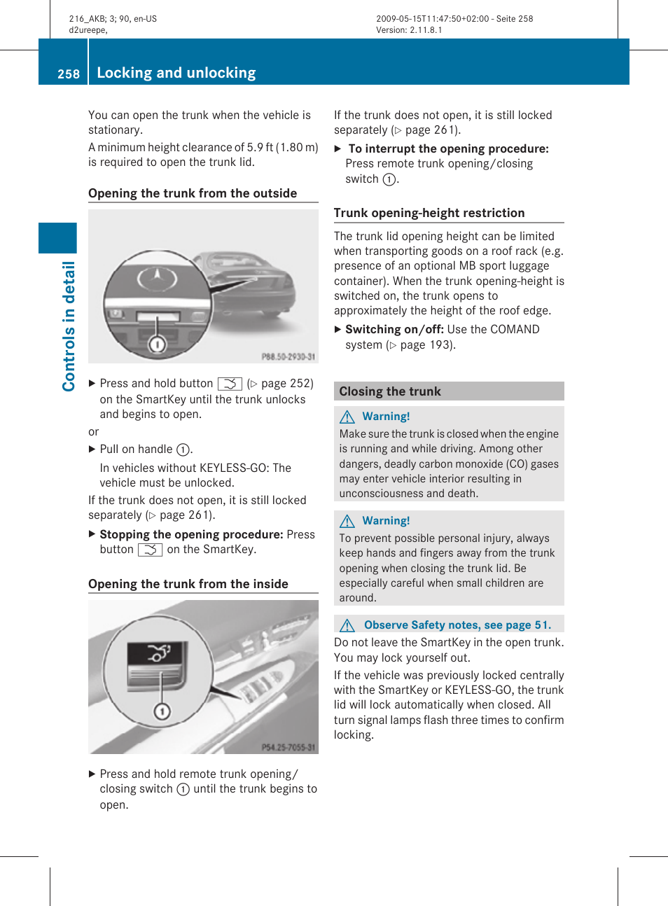 Closing the trunk, Controls in detail, Locking and unlocking | Mercedes-Benz 2010 CL Class User Manual | Page 260 / 500