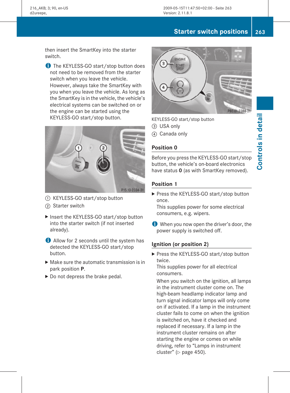 Controls in detail, Starter switch positions | Mercedes-Benz 2010 CL Class User Manual | Page 265 / 500