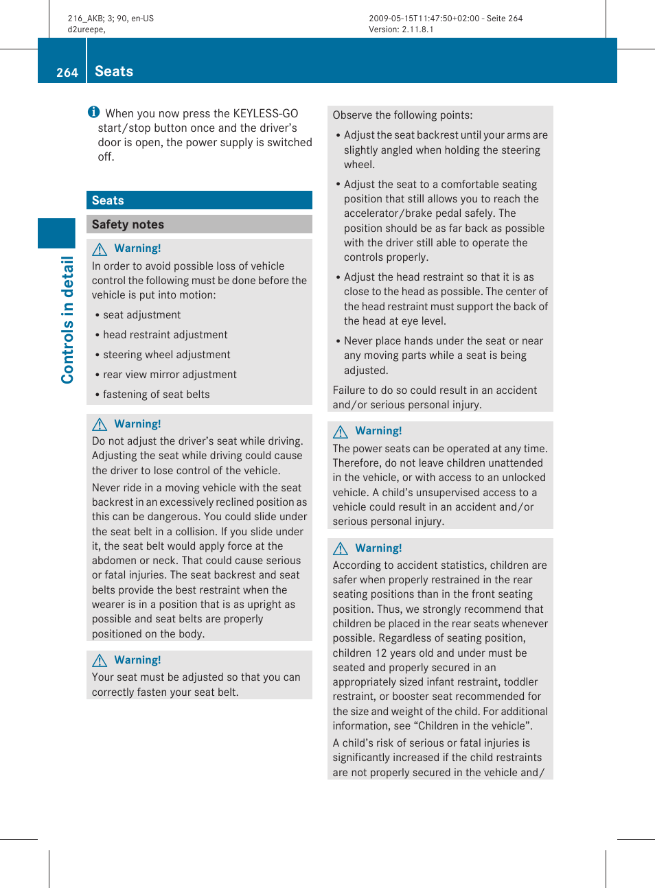 Seats, Safety notes, Controls in detail | Mercedes-Benz 2010 CL Class User Manual | Page 266 / 500