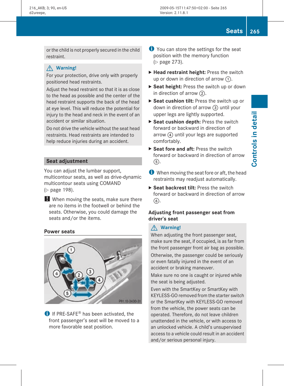 Seat adjustment, Properly. see, Controls in detail | Seats | Mercedes-Benz 2010 CL Class User Manual | Page 267 / 500