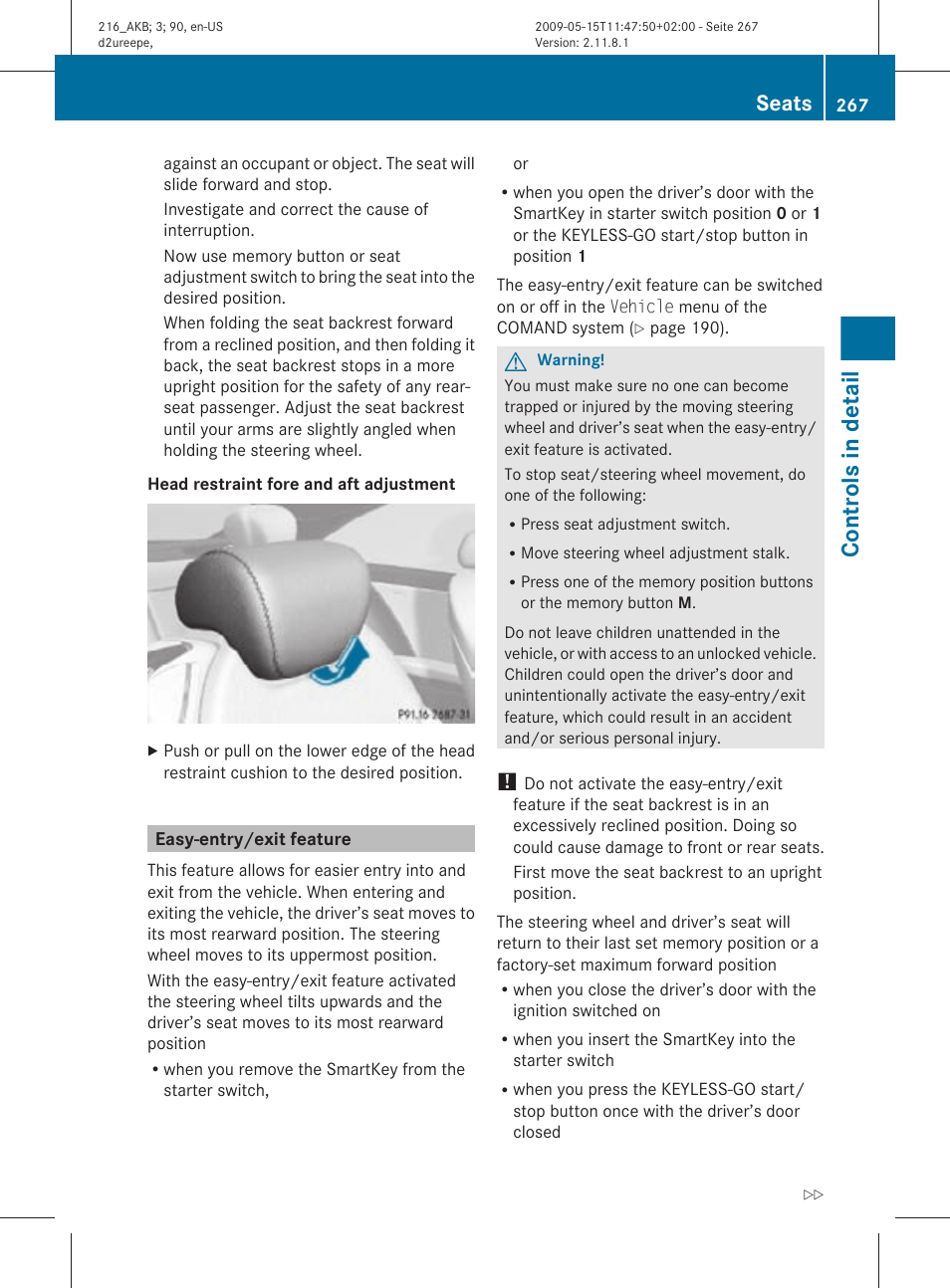 Easy-entry/exit feature, Controls in detail, Seats | Mercedes-Benz 2010 CL Class User Manual | Page 269 / 500