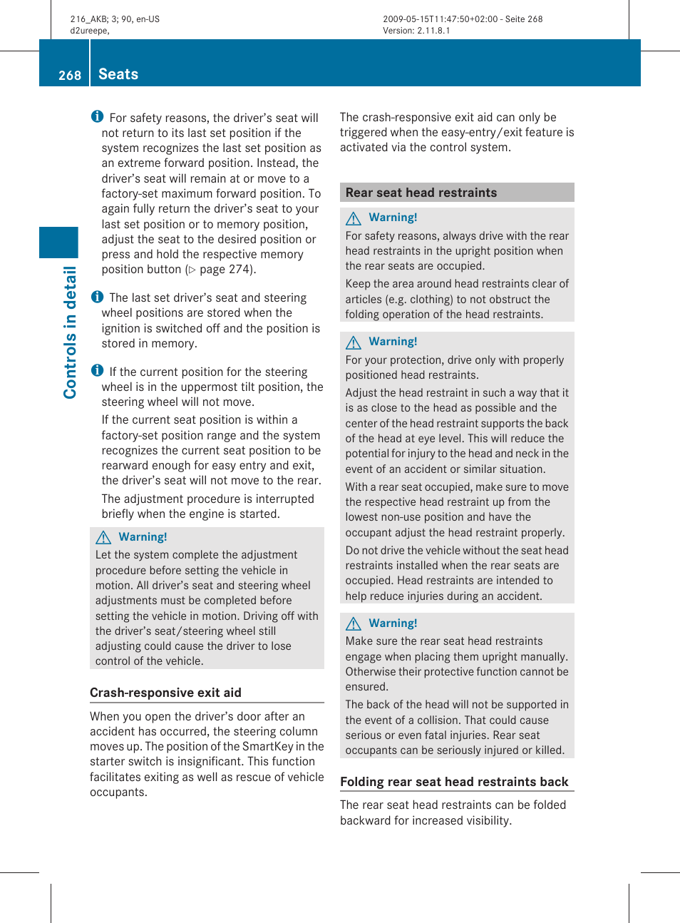 Rear seat head restraints, Controls in detail, Seats | Mercedes-Benz 2010 CL Class User Manual | Page 270 / 500