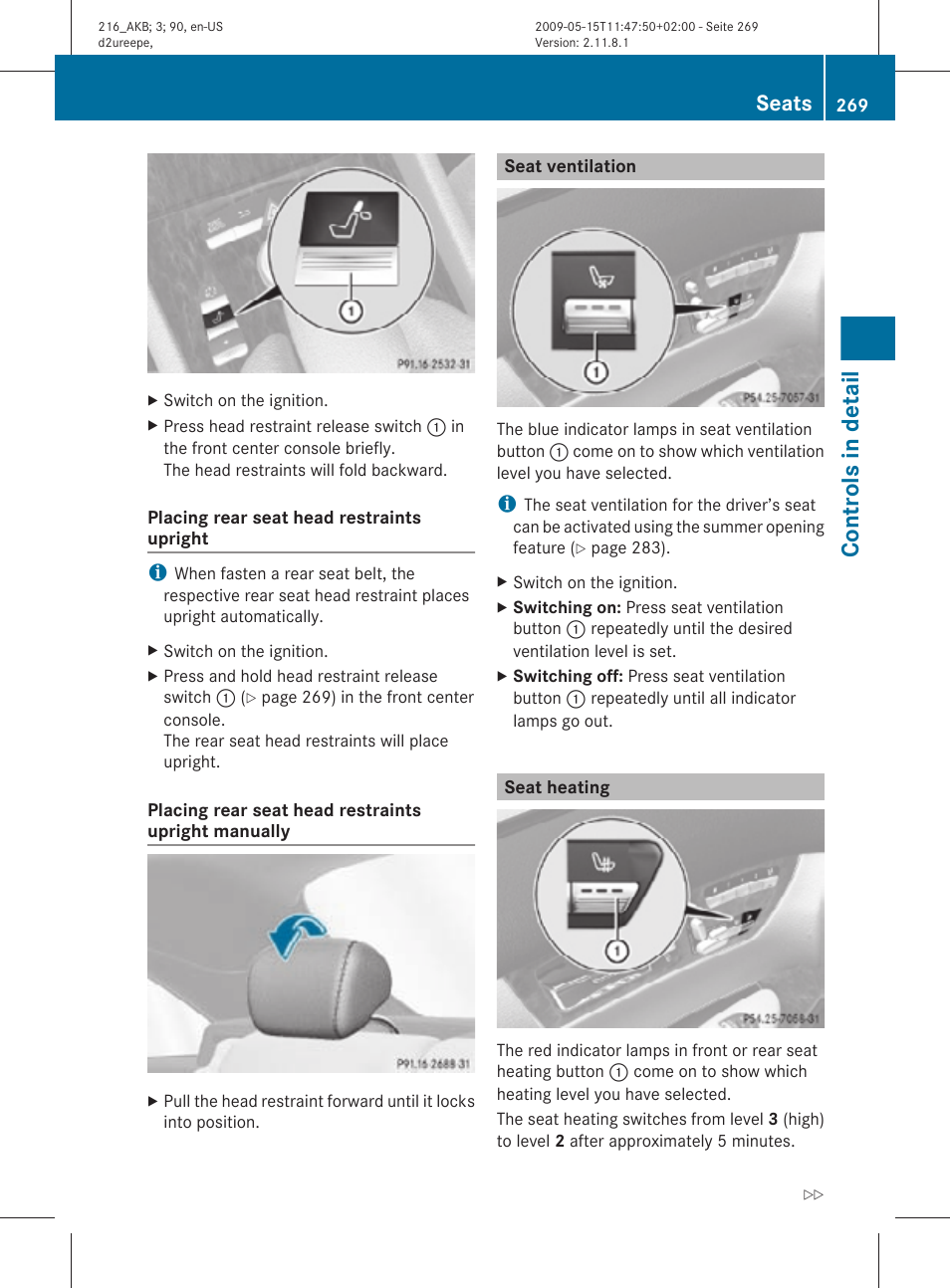 Seat ventilation, Seat heating, Controls in detail | Seats | Mercedes-Benz 2010 CL Class User Manual | Page 271 / 500