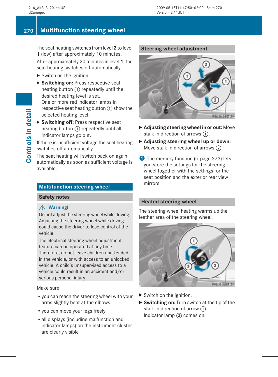 Multifunction steering wheel, Safety notes, Steering wheel adjustment | Heated steering wheel, Controls in detail | Mercedes-Benz 2010 CL Class User Manual | Page 272 / 500