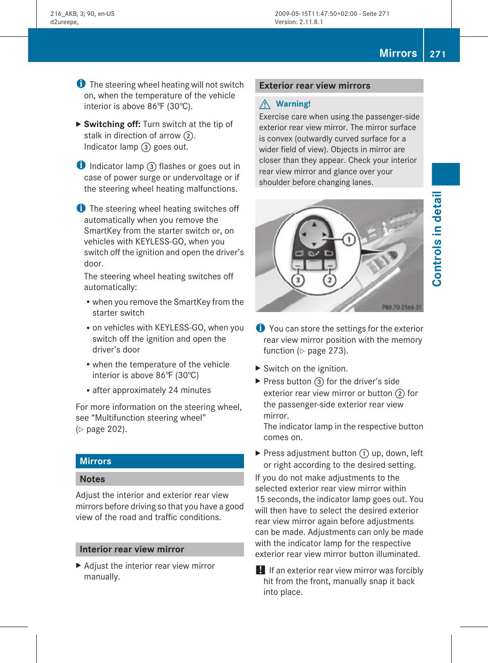 Mirrors, Notes, Interior rear view mirror | Exterior rear view mirrors, Controls in detail | Mercedes-Benz 2010 CL Class User Manual | Page 273 / 500