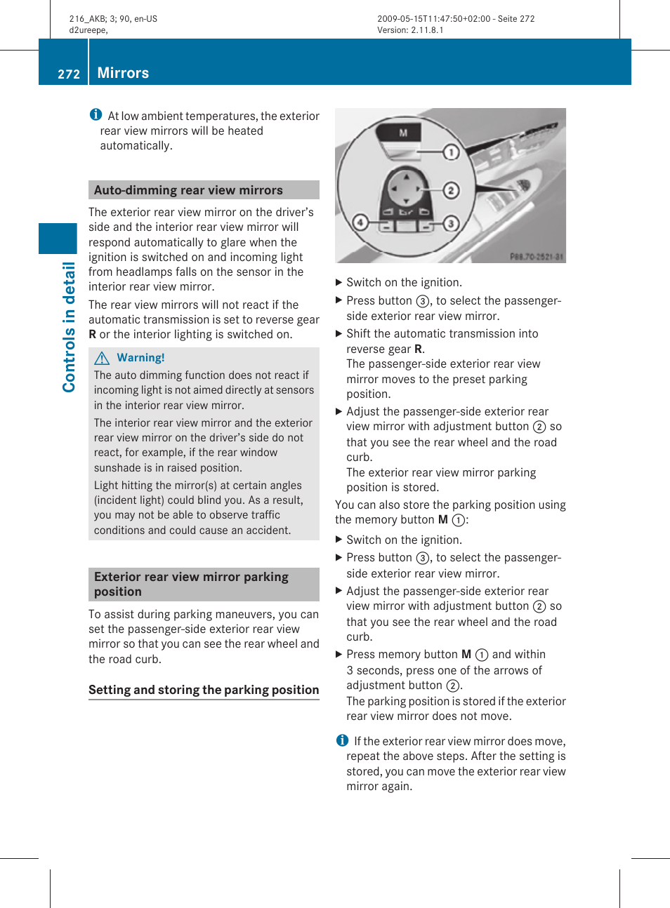 Auto-dimming rear view mirrors, Exterior rear view mirror parking position, Controls in detail | Mirrors | Mercedes-Benz 2010 CL Class User Manual | Page 274 / 500