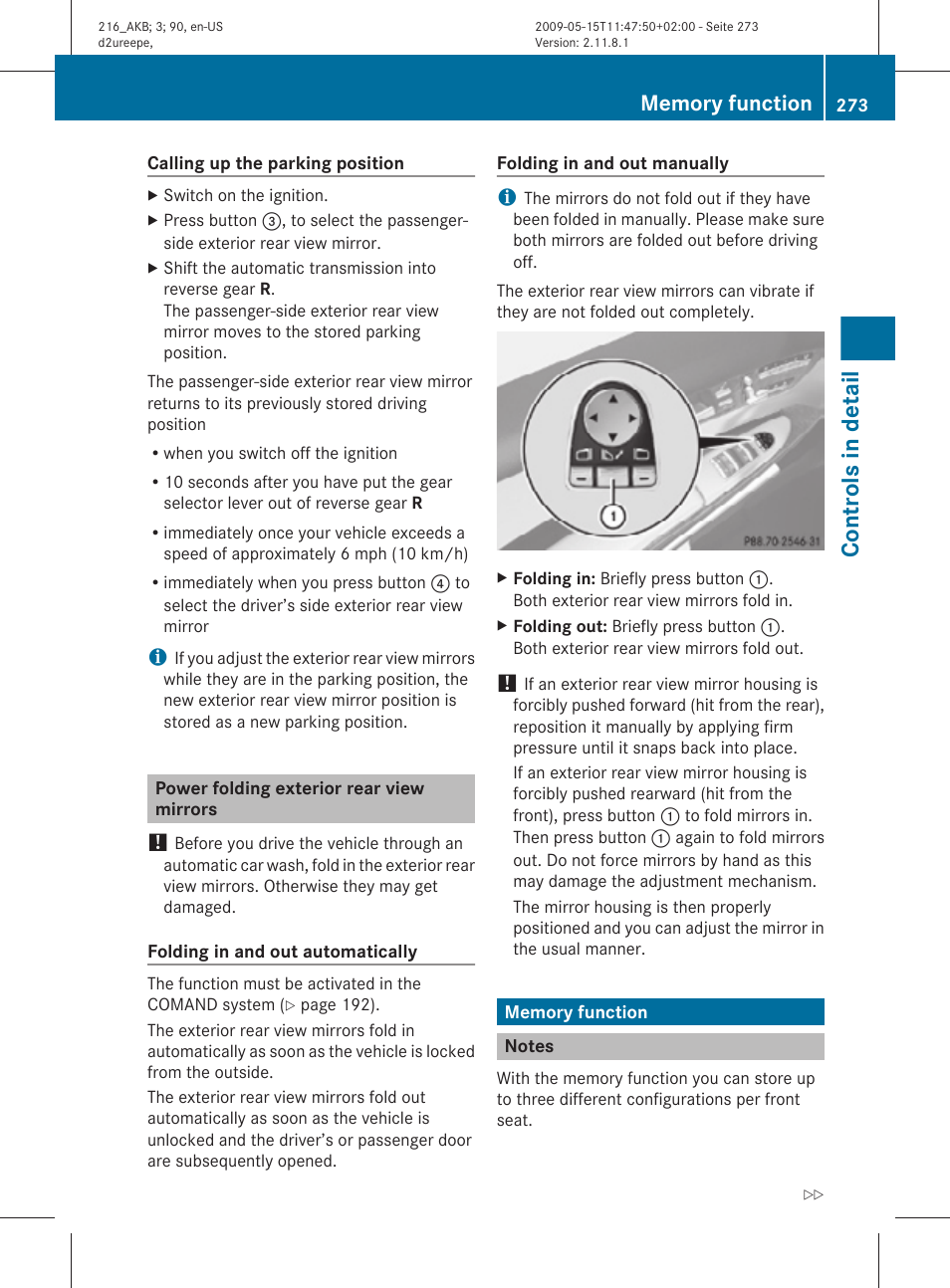 Power folding exterior rear view mirrors, Memory function, Notes | Function, Controls in detail | Mercedes-Benz 2010 CL Class User Manual | Page 275 / 500