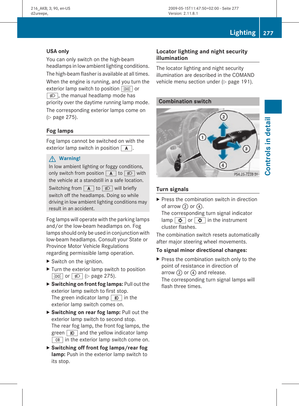 Combination switch, Controls in detail, Lighting | Mercedes-Benz 2010 CL Class User Manual | Page 279 / 500