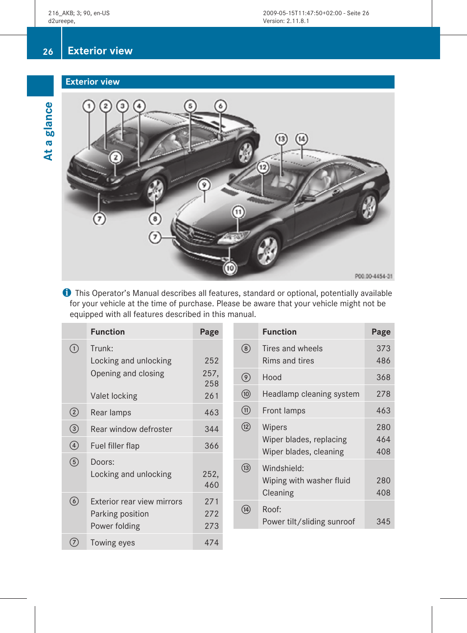 At a glance, Exterior view | Mercedes-Benz 2010 CL Class User Manual | Page 28 / 500