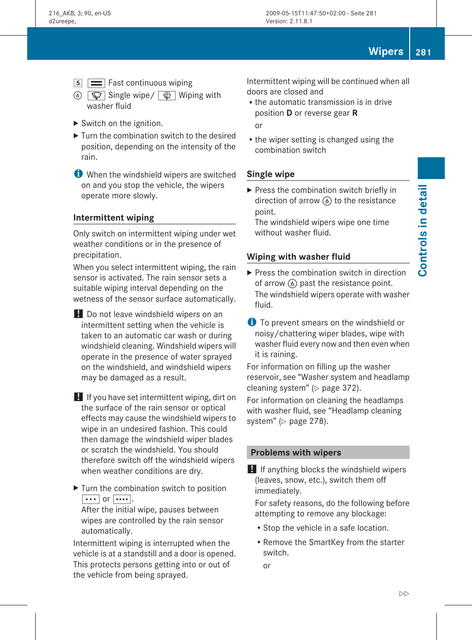 Problems with wipers, Controls in detail, Wipers | Mercedes-Benz 2010 CL Class User Manual | Page 283 / 500