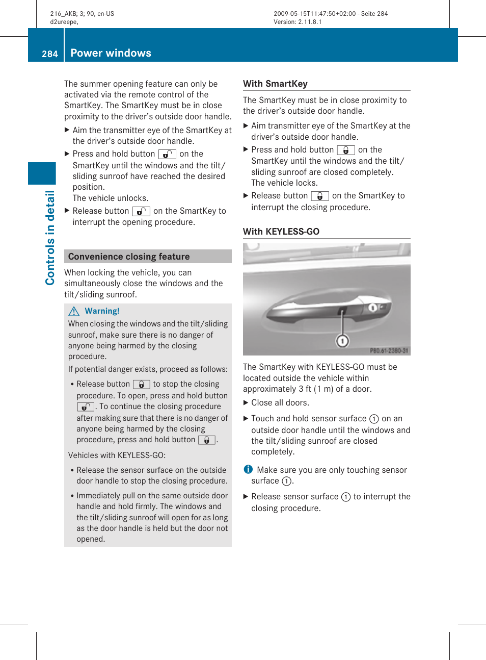 Convenience closing feature, Closing feature, Controls in detail | Power windows | Mercedes-Benz 2010 CL Class User Manual | Page 286 / 500