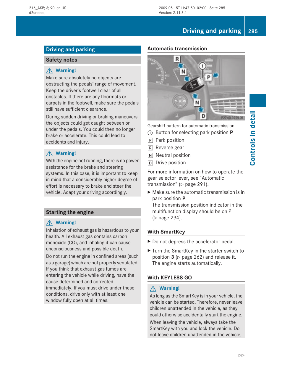 Driving and parking, Safety notes, Starting the engine | Controls in detail | Mercedes-Benz 2010 CL Class User Manual | Page 287 / 500