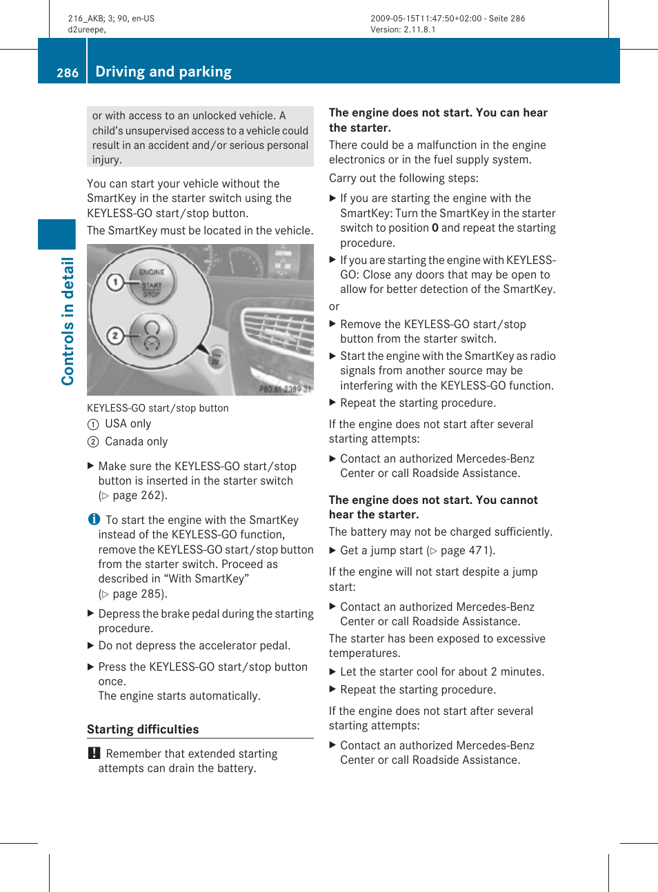 Controls in detail, Driving and parking | Mercedes-Benz 2010 CL Class User Manual | Page 288 / 500