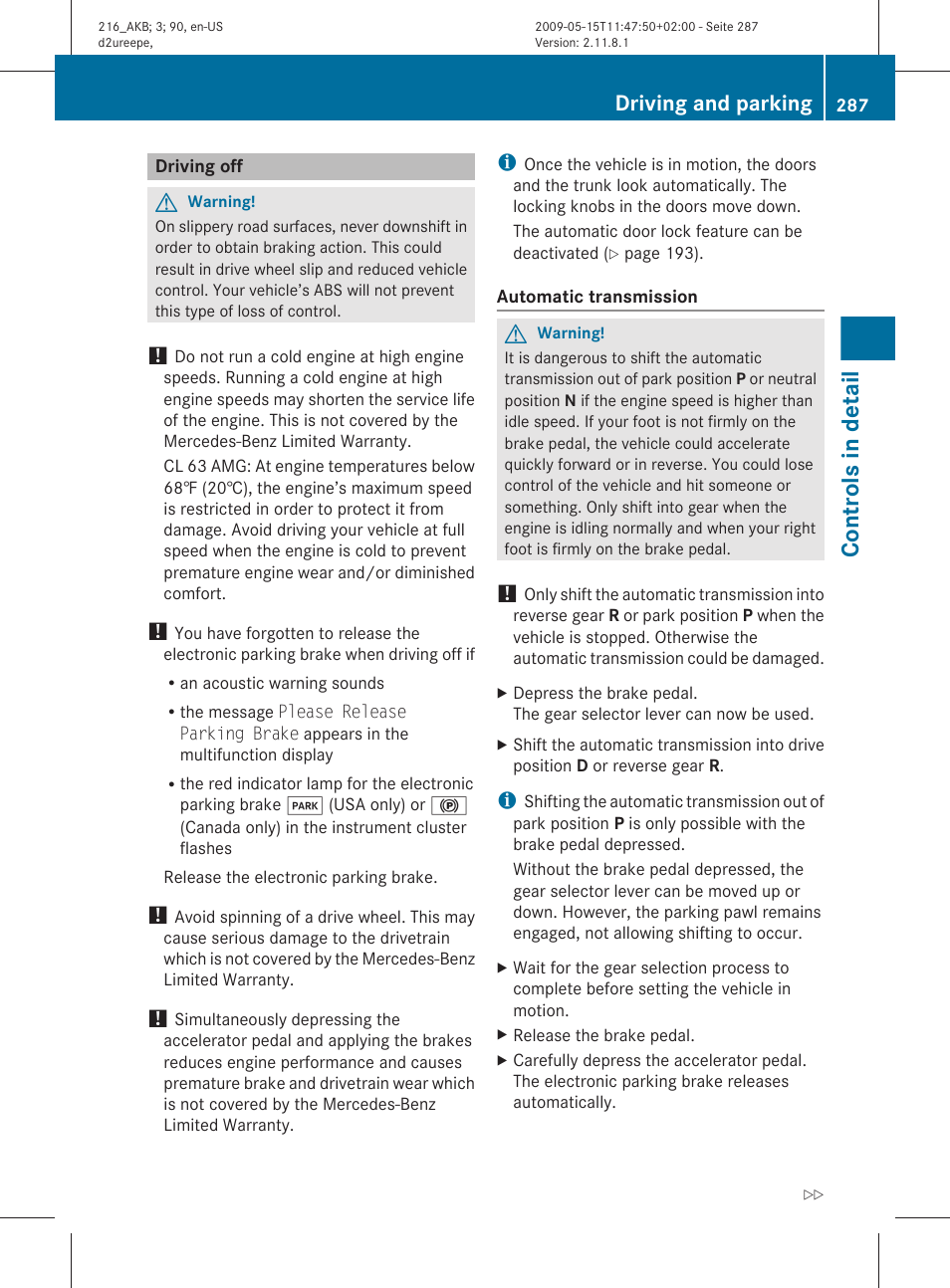 Driving off, Controls in detail, Driving and parking | Mercedes-Benz 2010 CL Class User Manual | Page 289 / 500