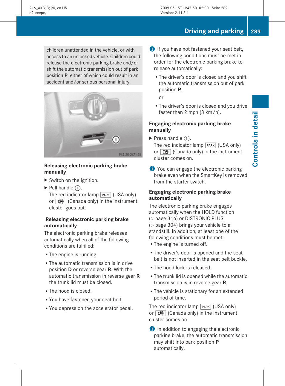 Controls in detail, Driving and parking | Mercedes-Benz 2010 CL Class User Manual | Page 291 / 500