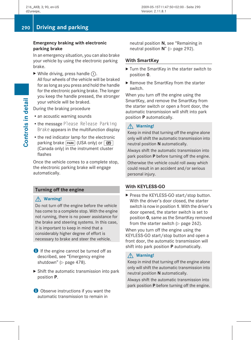 Turning off the engine, Controls in detail, Driving and parking | Mercedes-Benz 2010 CL Class User Manual | Page 292 / 500