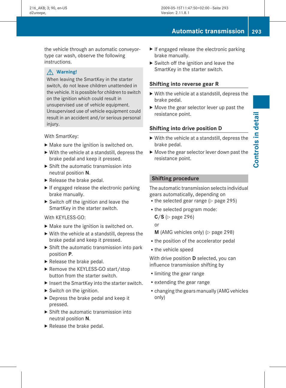 Shifting procedure, Controls in detail, Automatic transmission | Mercedes-Benz 2010 CL Class User Manual | Page 295 / 500