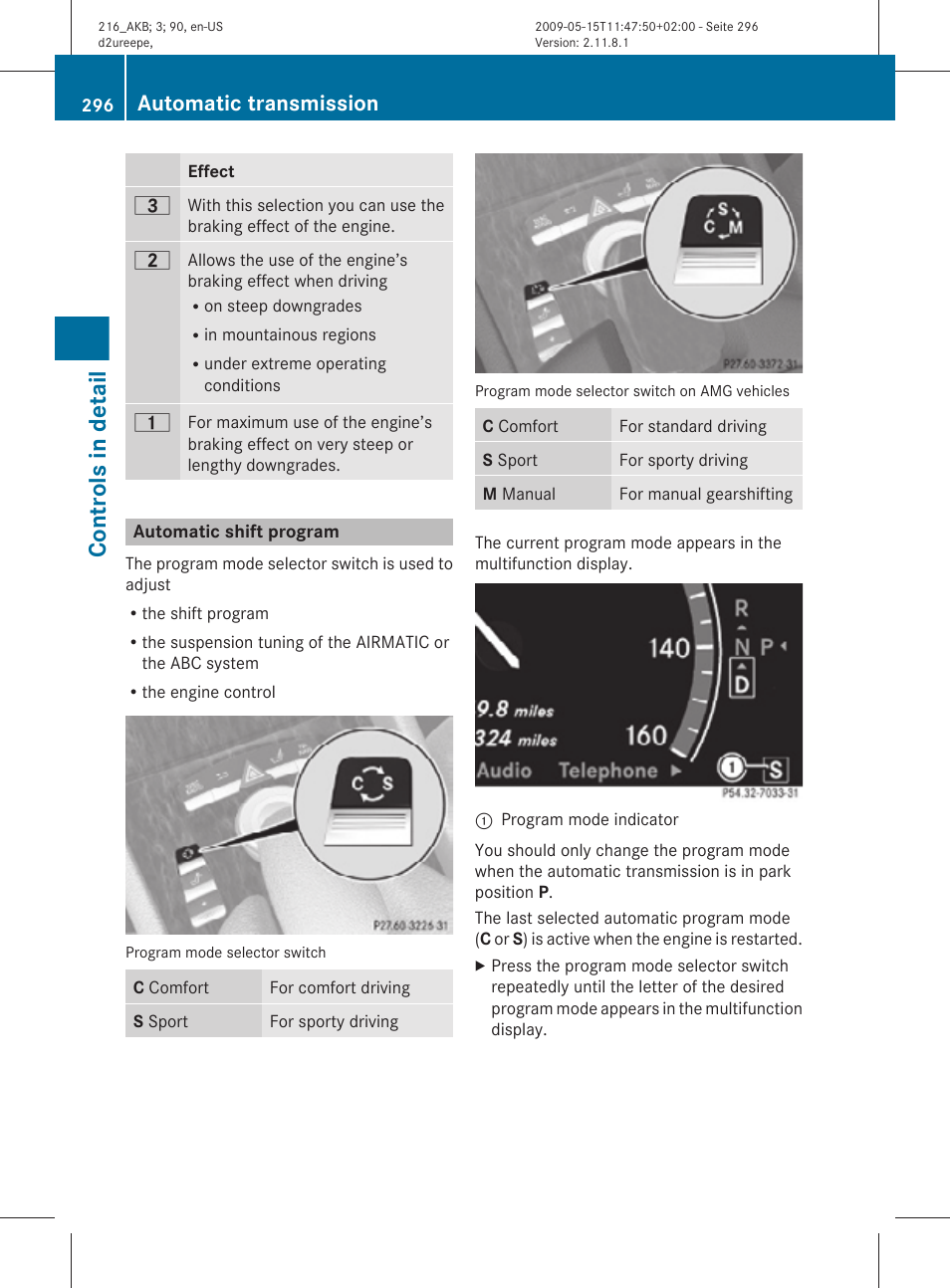 Automatic shift program, Controls in detail, Automatic transmission | Mercedes-Benz 2010 CL Class User Manual | Page 298 / 500