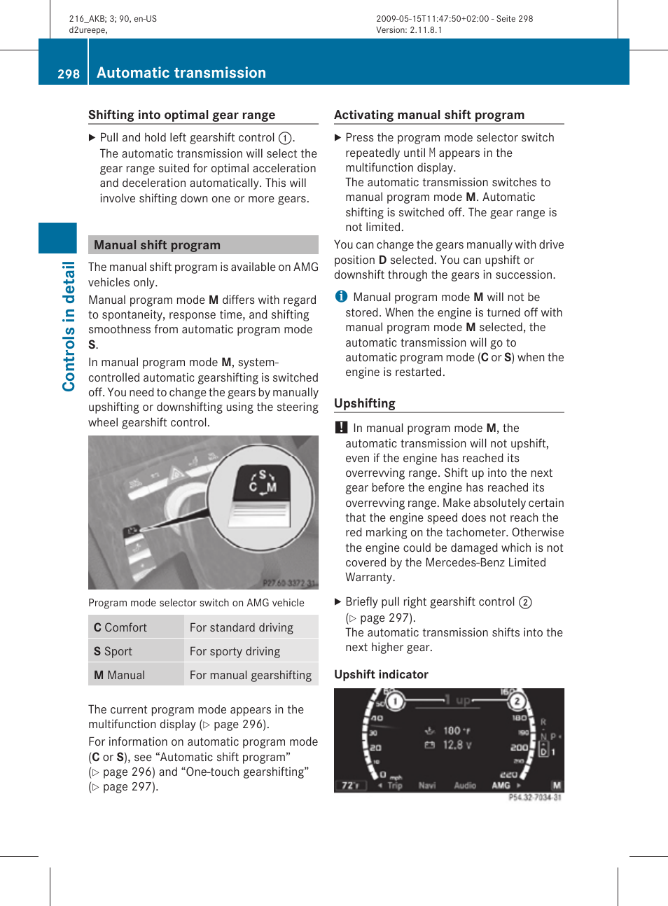 Manual shift program, Controls in detail, Automatic transmission | Mercedes-Benz 2010 CL Class User Manual | Page 300 / 500