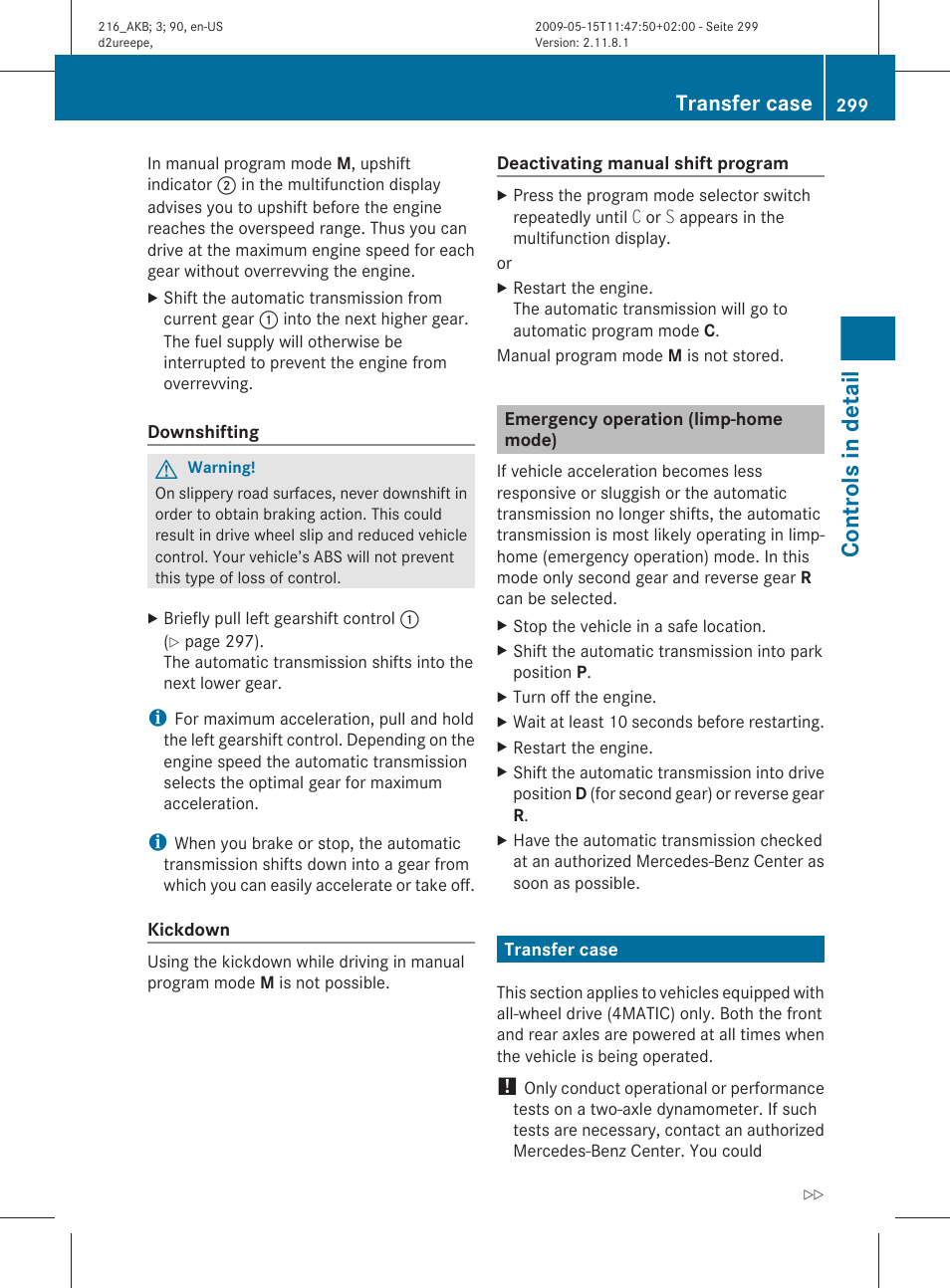 Emergency operation (limp-home mode), Transfer case, Controls in detail | Mercedes-Benz 2010 CL Class User Manual | Page 301 / 500