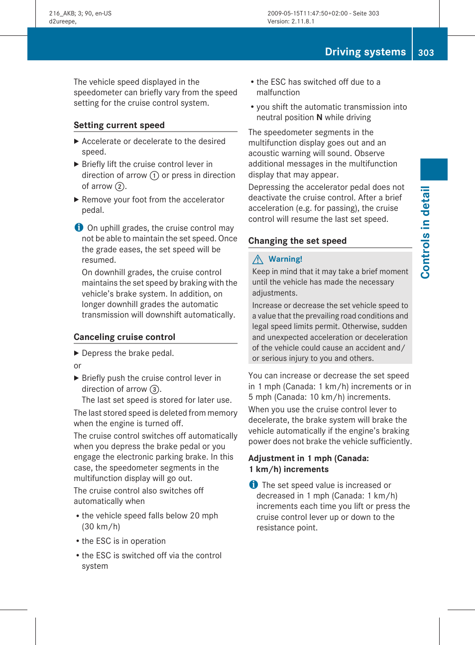 Controls in detail, Driving systems | Mercedes-Benz 2010 CL Class User Manual | Page 305 / 500