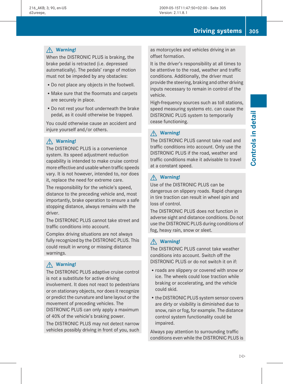 Controls in detail, Driving systems | Mercedes-Benz 2010 CL Class User Manual | Page 307 / 500