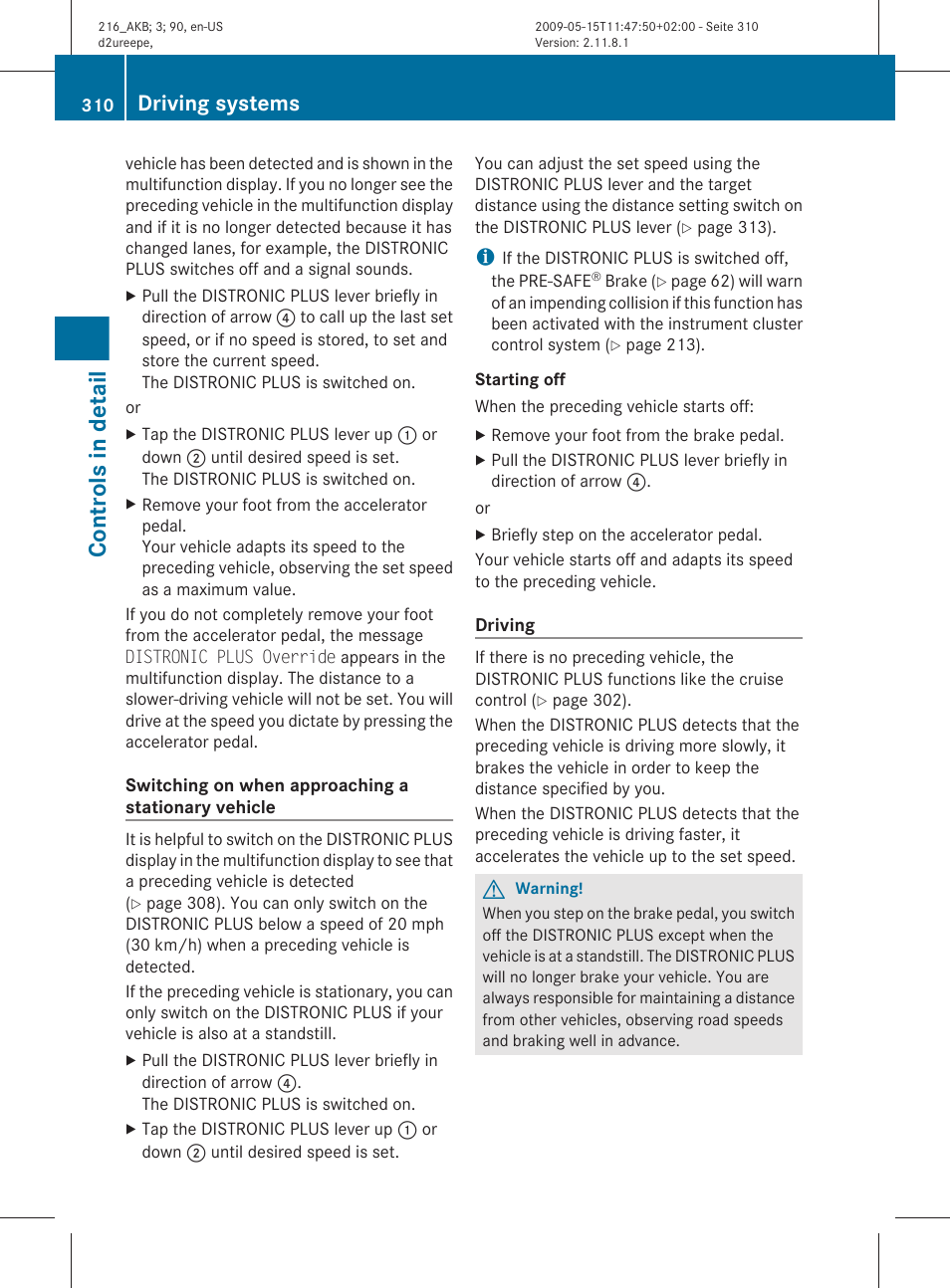 Controls in detail, Driving systems | Mercedes-Benz 2010 CL Class User Manual | Page 312 / 500